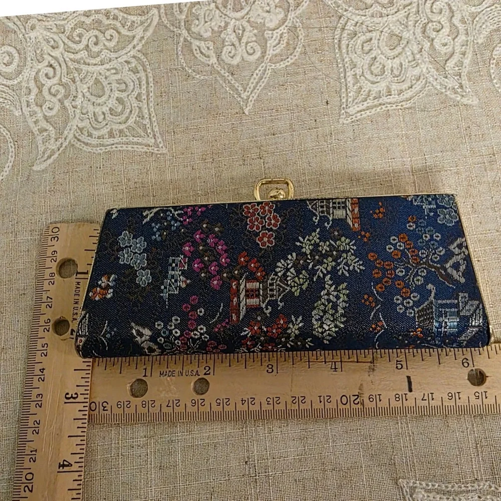 Vintage Slim Reading Eyeglasses Case, Navy Blue Floral Brocade Gold Frame